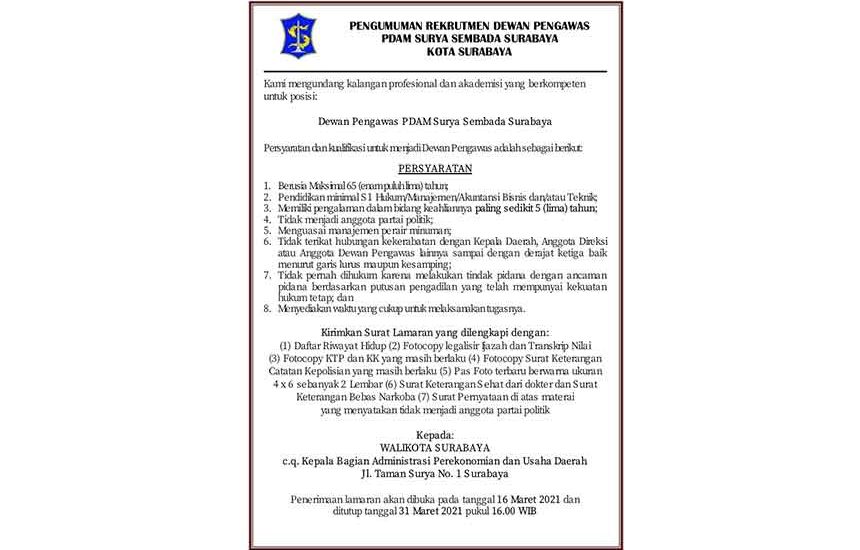 Lowongan Dewan Pengawas PDAM Surabaya