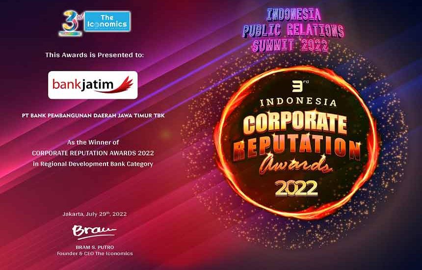 Bank Jatim Raih Penghargaan Corporate Reputation Awards 2022